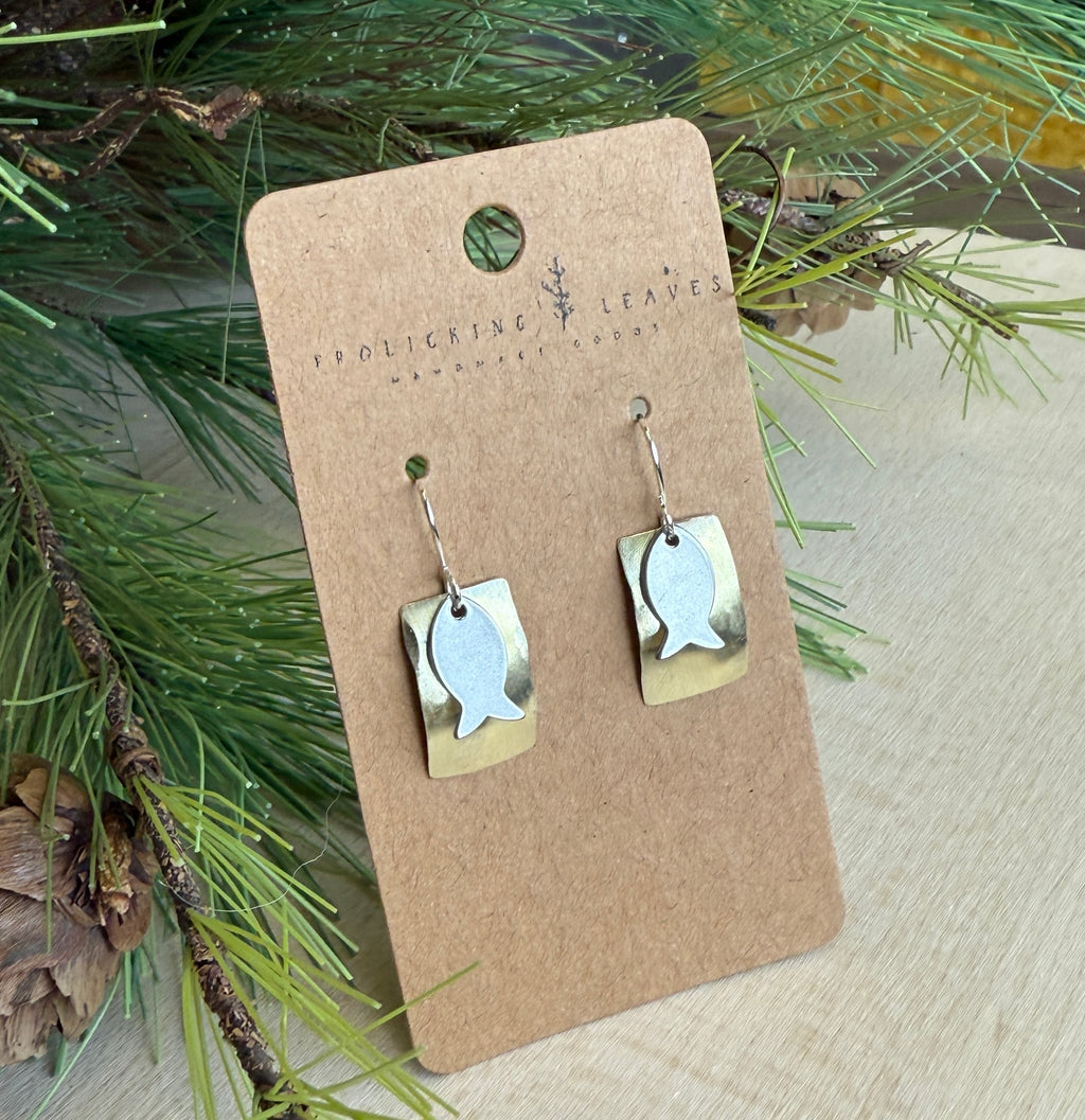 Hand Cut Domed Brass Fish Earrings